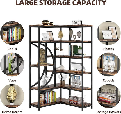 TIYASE 6-Shelf Corner Bookshelf Industrial 6-Tier Corner Etagere Bookcase, Large Corner Shelf L-Shaped Book Shelves Display Storage Rack with Metal Frame for Living Room Home Office, Rustic Brown