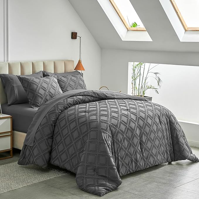 7 Pieces Tufted Bed in a Bag Queen Comforter Set with Sheets Dark Grey, Soft and Embroidery Shabby Chic Boho Bohemian, Solid Color with Diamond Pattern, Jacquard Tufts Bedding Set for All Season