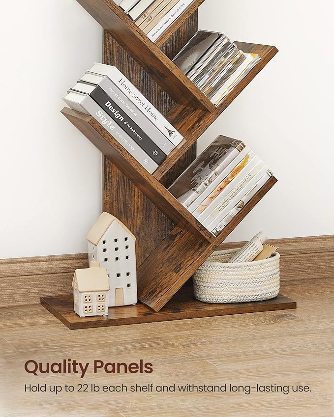 VASAGLE Tree Bookshelf, 9-Tier Bookcase, Large Bookshelf, Space-Saving Corner Shelf, Book Tree, Holds Books, CDs, Games, for Bedroom, Living Room, Home Office, Rustic Brown ULBC11BX