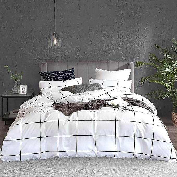 White Grid Comforter Set Big Grid Bedding Set Full White Black Plaid Printed Stripes Women Checkered Comforters Bedding Set Girls White Grid Bed Blanket Set White Plaid Full Comforter