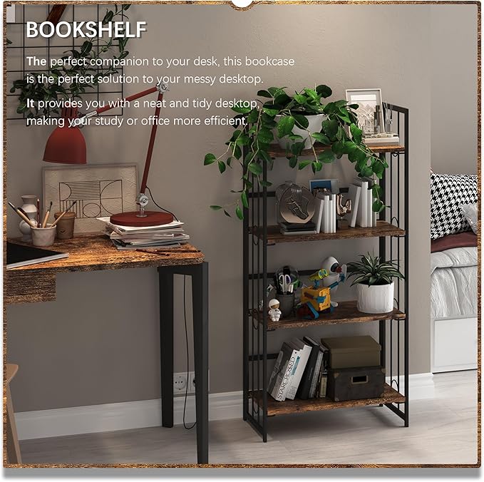 4NM No-Assembly 4 Tiers Folding Bookshelf Storage Shelves Vintage Bookcase Standing Racks Study Organizer Home Office - Rustic Brown and Black