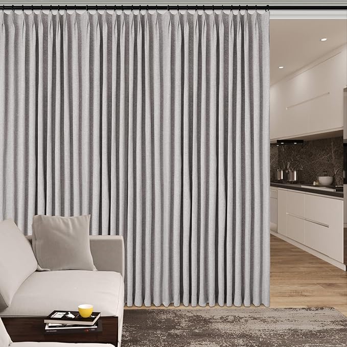 Full Blackout Privacy Curtains, 240 Inch Extra Wide Linen Blend Drapes, Pinch Pleat Window Drapery for Room Divider Storage/Space Room Separation, 1 Panel, W 240" x L 96", Browish Grey