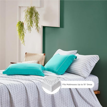 Degrees of Comfort Twin Bed in A Bag 6 Piece, Lattice Boho Bedding Sets for Teen Girls, Aqua Floral Bed Set, Microfiber Colorful Comforter Set with Sheets, Matching Decorative Pillow