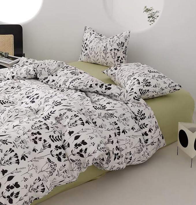 Black Botanical Comforter Set Twin White Black Floral Plant Bedding Comforter Set Girls Garden Pattern Printed on White Blanket Rustic Leaf Blossom Women White Farmhouse Comforter Twin