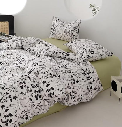 Botanical Comforter Set Cal King White Black Floral Plant Bedding Comforter Girls Garden Pattern Printed White Blanket Rustic Leaf Blossom Women White Farmhouse Comforter California King