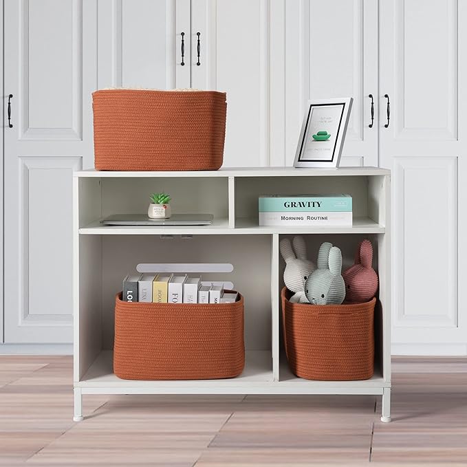 Cotton Rope storage Basket Bins Woven Basket for Organizing Shelves Rectangle Decorative Baskets For storage Clothes Toys Books Towels Square Wicker Nursery basket organizer 3 pack Rust