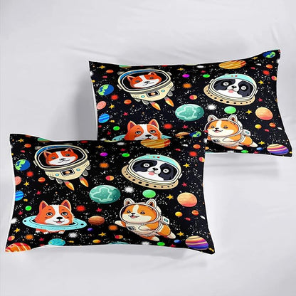 Dog Full Comforter Set for Boys Outer Space Dog Bedding Set Cute Cartoon Dog Astronaut Prints Bedding Kids Comforter Sets 3 Pieces Funny Space Dog Full Size Quilt Set with 2 Pillowcases
