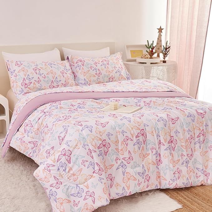 Butterfly Kids Comforter Set for Girls Twin, Cute Reversible Quilted Lavender Printed Bedding Set with Pillow Sham, Lightweight Soft Breathable Machine Washable Bed Set 2 Piece