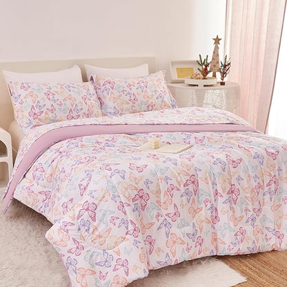 Butterfly Kids Comforter Set for Girls Twin, Cute Reversible Quilted Lavender Printed Bedding Set with Pillow Sham, Lightweight Soft Breathable Machine Washable Bed Set 2 Piece