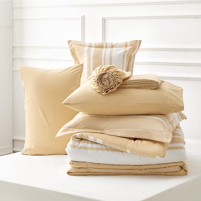 Bedsure Bed in a Bag King Size 7-Piece Yellow White Striped Bedding Comforter Sets All Season Bed Set, 2 Pillow Shams, Flat Sheet, Fitted Sheet and 2 Pillowcases