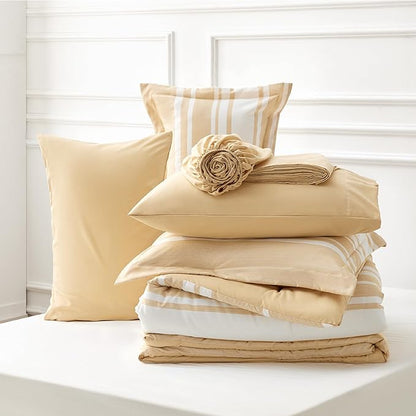 Bedsure Bed in a Bag King Size 7-Piece Yellow White Striped Bedding Comforter Sets All Season Bed Set, 2 Pillow Shams, Flat Sheet, Fitted Sheet and 2 Pillowcases