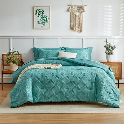 6 Pieces Tufted Bed in a Bag Twin Comforter Set with Sheets Green, Soft and Embroidery Shabby Chic Boho Bohemian Design, Luxury Solid Color with Diamond Pattern, Jacquard Tufts Bedding Set for Kids