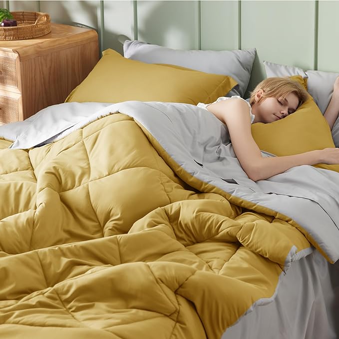 Bedsure Mustard Yellow California King Comforter Set - 7 Pieces Reversible Cal King Bed in a Bag, Cal King Mustard Yellow and Grey Bed Set with Comforters, Sheets, Pillowcases & Shams
