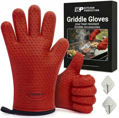 KITCHEN PERFECTION XL Silicone Griddle Gloves - Heat Resistant Oven Mitts | Waterproof, 5-Finger Design For A Better Grip, Best Griddle Grilling Accessories, Compatible with Blackstone, Weber & More