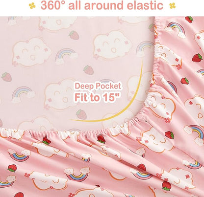Mooreeke Bed in a Bag for Kids Girls Teens, 5 Pieces Twin Size Comforter Bed Set with Shams, Sheet Set, Rainbow Cloud Strawberry Pink Super Soft Microfiber Kids Comforter Bedding Set