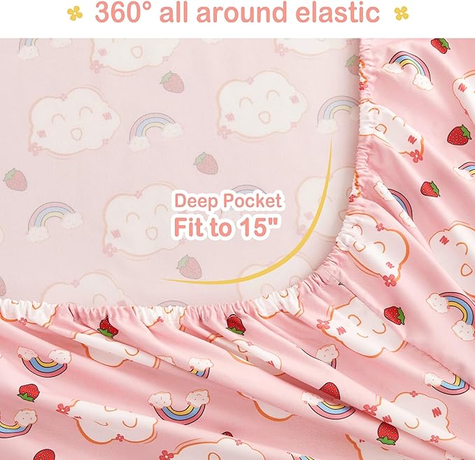 Mooreeke Bed in a Bag for Kids Girls Teens, 7 Pieces Full Size Comforter Bed Set with Shams, Sheet Set, Rainbow Cloud Strawberry Pink Super Soft Microfiber Kids Comforter Bedding Set