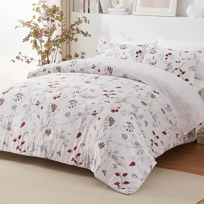 EMME Twin Comforter Set - Red Floral Bedding Set 5 PCS with Flowers Leaves Pattern, Soft Plant Printed Botanical Bed Set with Sheets, Fluffy Bed Bag for All Season(68"X90")
