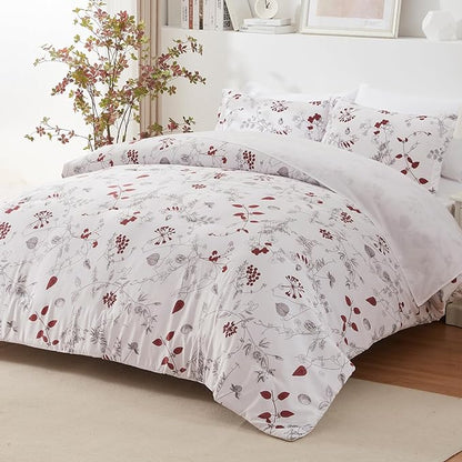 EMME Twin Comforter Set - Red Floral Bedding Set 5 PCS with Flowers Leaves Pattern, Soft Plant Printed Botanical Bed Set with Sheets, Fluffy Bed Bag for All Season(68"X90")
