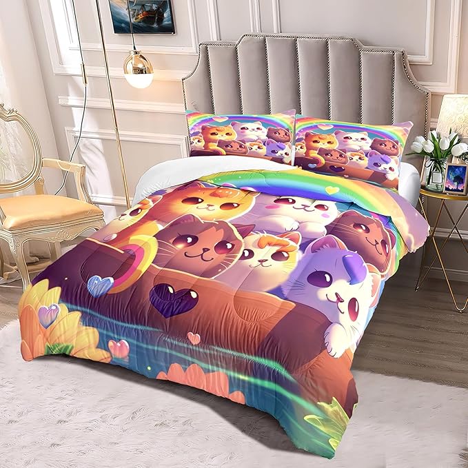 Kids Cat Comforter Set - Cat Bedding Set Full Size Cat Comforter Cartoon Cat Rainbow Printed Bedding Sets for Kids Girls Kawaii Cat Quilt Set, 1 Comforter+2 Pillowcases
