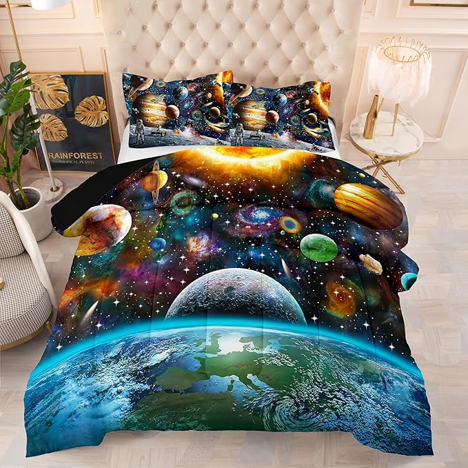 Tailor Shop 5 Pcs Kids Comforter Sets Twin Bed in A Bag for Boys Teen Girls Kids,Galaxy Bedding Set with Space Sheets Fitted Bed Sheet (1 Comforter, 1 Flat Sheet, 1 Fitted Sheet, 2 Pillowcases)