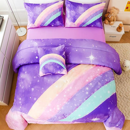 6 Pcs Kids Comforter Set Queen Size for Girls, 3D Colorful Rainbow Galaxy Bed in A Bag, Gradient Purple Glitter Bedding Comforter Collection for All Season