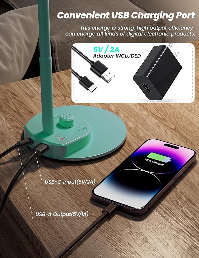 BOHON LED Desk Lamp with USB Charging Port, 3 Color Modes Fully Dimmable Reading Lamp, Auto Dimming Task Lamp, Flexible Gooseneck Table Light for Office Dorm Bedside, Adapter Include, Teal