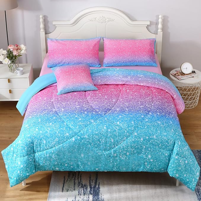 JQinHome Girls Comforter Sheet Set Full Size 6 Piece Bed in A Bag 3D Colorful Pink Rainbow Themed Bedding Set for Girls Women 1 Comforter,2 Pillowcases,1 Flat Sheet,1 Fitted Sheet,1 Cushion Cover