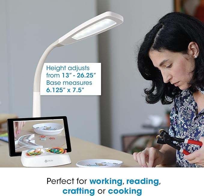 OttLite LED Desk Lamp with Tablet & Smart Phone Stand- ClearSun LED Technology - Desk Lamp with Storage Base, USB Charging Port, & Flexible Neck Height - for Tutorials, Crafting, Sewing & Working