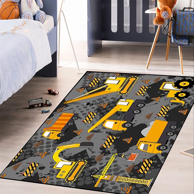 Construction Rugs for Boys Room Play Rug for Cars and Trucks Car Rug Play Mat Kids Rugs for Playroom Car Rug for Boys Room Construction Decor for Boys Room,Grey 4'5''×6'