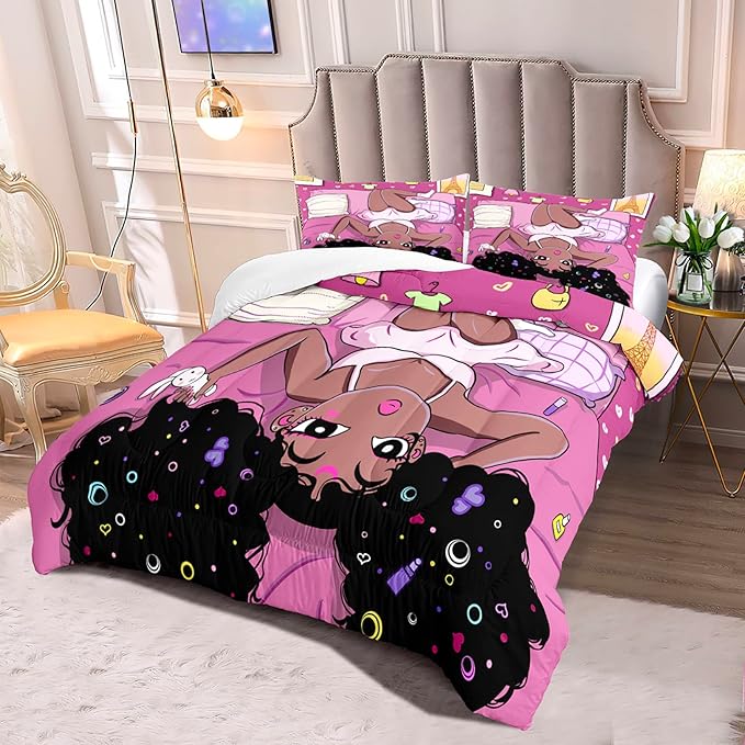 Black Girl Comforter Set African American Girls Full Comforter Set, Black Girl Full Size Girls Bedding Set, Black Girl Full Size Comforter Sets for Teen Adults, Pink, 1 Comforter+2 Pillowcases