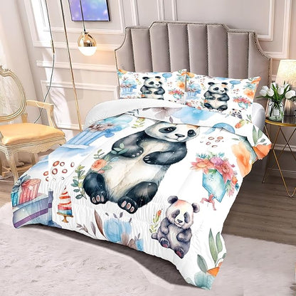 Panda Comforter Set Queen Size - Panda Bedding for Boys Girls Cute Panda Set Cartoon Pandas Print Comfort Queen Bedding Set for Kids Teens, 1 Comforter+2 Pillowcases