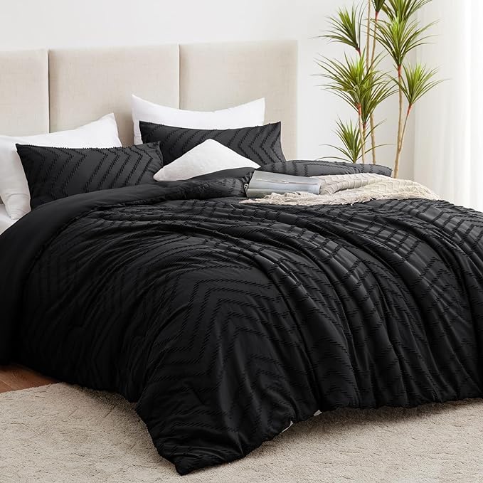 CozyLux Full Size Comforter Set Black - 3 Pieces Black Boho Tufted Shabby Chic Bedding Comforter Set for All Seasons, Chevron Bedding Sets with Comforter & 2 Pillow Shams