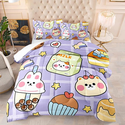 Kawaii Bear Comforter Set for Kids Teens Girls Women,Purple Bear Kids Comforter,1 Comforter with 2 Pillowcase, Microfiber 3 Piece Bedding Set,for All Seasons(Purple，Twin Size)
