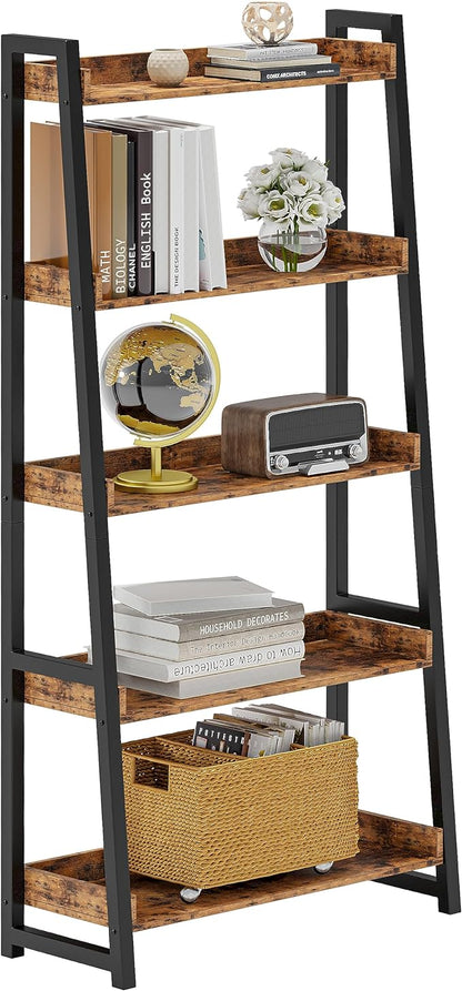 IRONCK Industrial Bookshelf 5-Tier 31.5in Wide, Bookcase Ladder Shelf, Storage Shelves Rack Shelf Unit, Accent Furniture Metal Frame, Home Office Furniture for Bathroom, Living Room