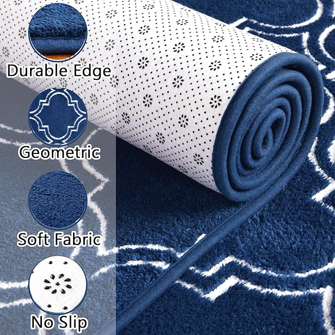 Chicrug Shag Geometric Modern Area Rug for Bedroom, 6x9 Feet Memory Foam Indoor Carpet, Fluffy Rug for Living Room Bedside Room Decor for Family Girls Kids Nursery Play Mat, Navy/White