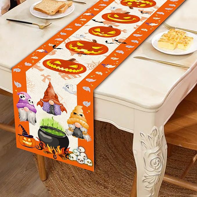 Halloween Table Runner, Halloween Table Runner 90 Inches Long, Halloween Pumpkins Gnomes Runners for Table, Black Cat Spider Web Holiday Decor Burlap Runner Rug for Home Decorations Dining Room