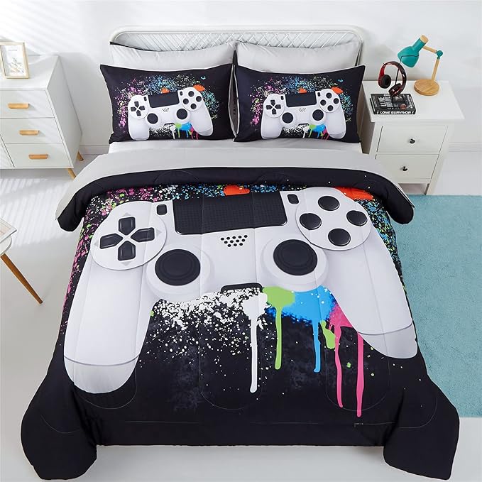 KAKKI 5 Piece Boys Queen Gamer Comforter Set with Sheets, 3D Colorful Video Game Controller Comforter for Kids Teen, All Season Soft Microfiber Gaming Bedding Set(White,Queen)
