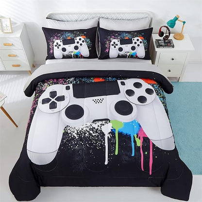 KAKKI 4 Piece Boys Twin Gamer Comforter Set with Sheets, 3D Colorful Video Game Controller Comforter for Kids Teen, All Season Soft Microfiber Gaming Bedding Set(White,Twin)