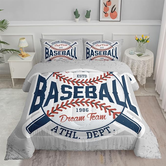 Datura home Baseball Comforter Set Vintage Grey Baseball Printed Quilt Bedding Set with 1 Comforter and 2 Pillowcases for Boys and Girls Bedroom All Season(Baseball Twin)