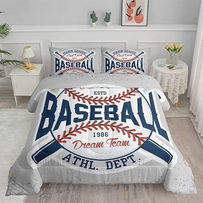 Datura home Baseball Comforter Set Vintage Grey Baseball Printed Quilt Bedding Set with 1 Comforter and 2 Pillowcases for Boys and Girls Bedroom All Season(Baseball Full)