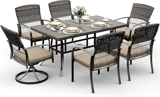 Pamapic 7 Piece Patio Dining Set for 6,Outdoor Wicker Furniture Set for Backyard Garden Deck Poolside with 4 Dining Chairs and 2 Swivel Rockers,Iron Slats Table Top, Removable Cushions(Beige)