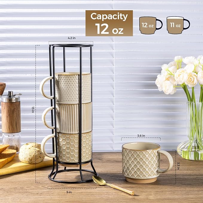 GBhome 12 OZ Stackable Coffee Mugs Set of 4, Ceramic Coffee Cups Set | Coffee Mugs With Stand, Dishwasher&Microwave Safe, 4 Assorted Designs