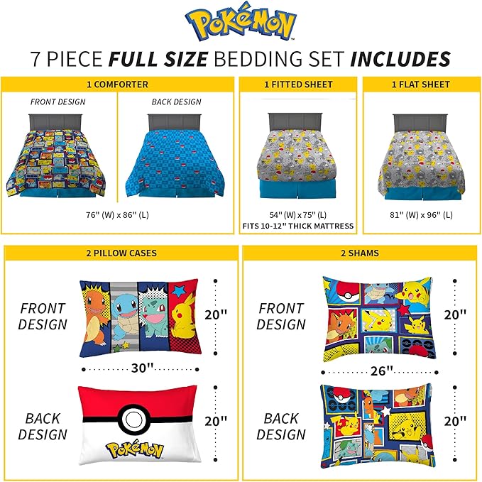 Franco Kids Bedding Super Soft Comforter and Sheet Set with Sham, 7 Piece Full Size, Pokemon