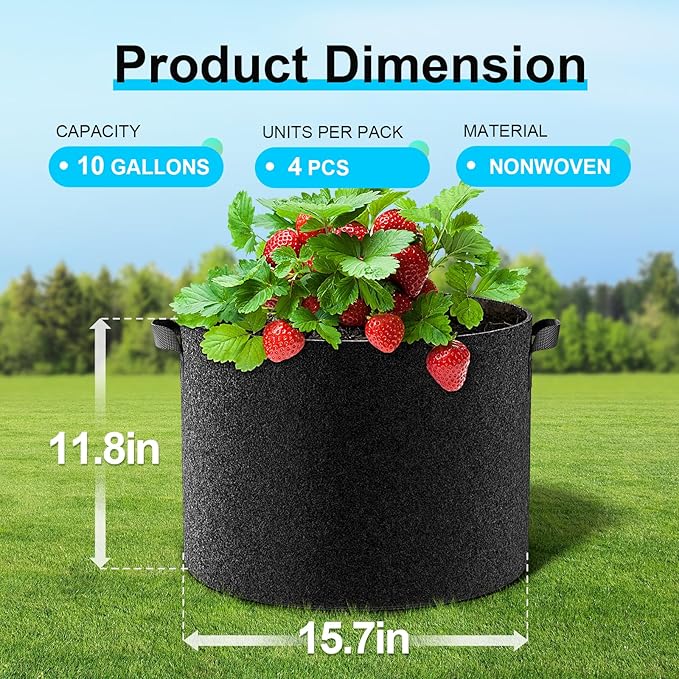 Land Guard 4-Pack Fabric Grow Bags 10 Gallon, Thickened Nonwoven Garden Pots, Growing Bags with Handles, Black