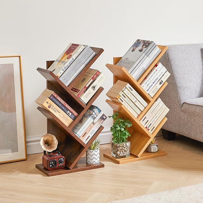 YMYNY 4 Tier Tree Bookshelf, Small Bookcase, Modern Wood Book Storage Rack, Freestanding Book shelf for Books/Movies/CDs, Narrow Display Rack for Living Room, Home Office, Natural UHBC014N
