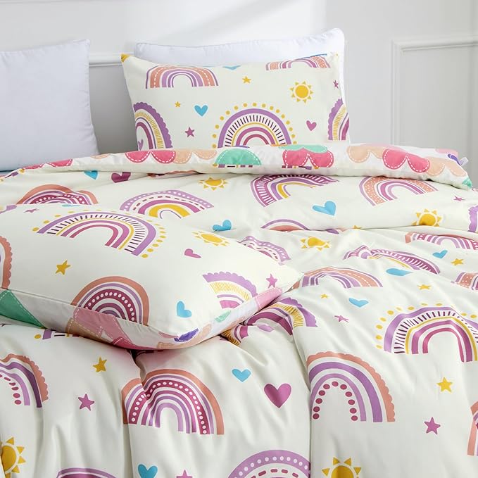 Btargot Lightweight Soft 3 Piece Rainbow Comforter Set with 2 Pillow Covers, Cartoon Love Hearts Suns and Stars Bedding Set for Girls Boys Kids, Twin Purple