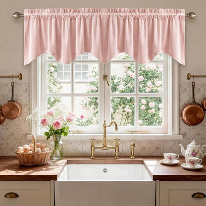 Pink Spring Decor Velvet Window Valance 52x18 Inch 1 Panel | Soft Wavy Pink Kitchen Curtains for Small Windows, Cute Decorative Window Treatment for Nursery Bedroom