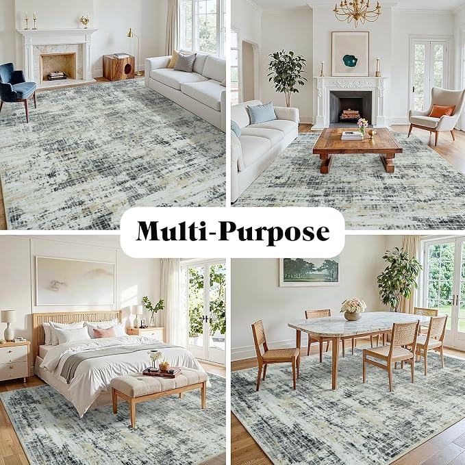 10x12 Washable Area Rug for Living Room Bedroom: Non-Slip Modern Black Gray | Machine Washable TPR Backing, Stain-Resistant Low Pile, Pet & Kid Friendly, Abstract Decor for Dining Room, Dorm, Home Office