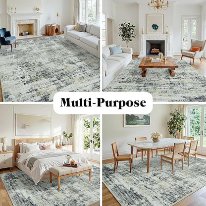 10x12 Washable Area Rug for Living Room Bedroom: Non-Slip Modern Black Gray | Machine Washable TPR Backing, Stain-Resistant Low Pile, Pet & Kid Friendly, Abstract Decor for Dining Room, Dorm, Home Office