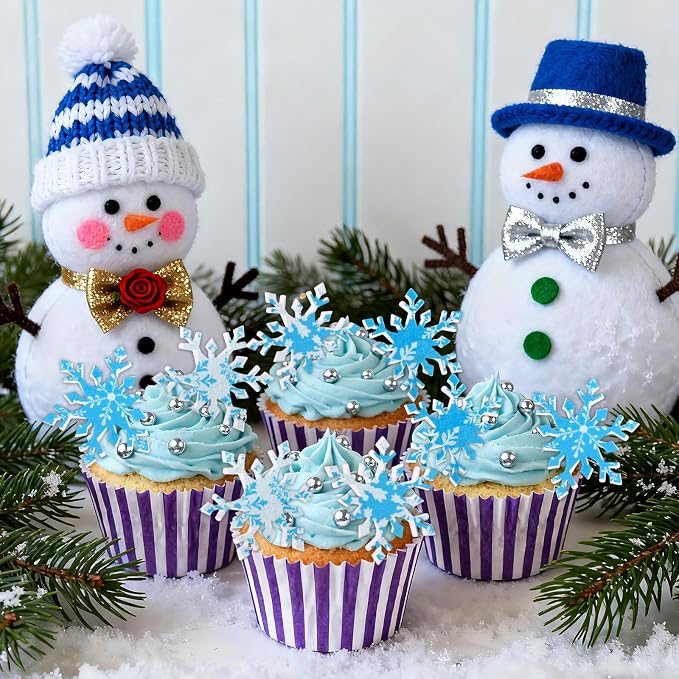 168pcs Edible Snowflake Cake Decorations, Wafer Paper Cupcake Toppers Winter Frozen Theme Snowflakes Decorations for Christmas Holiday Party Supplies